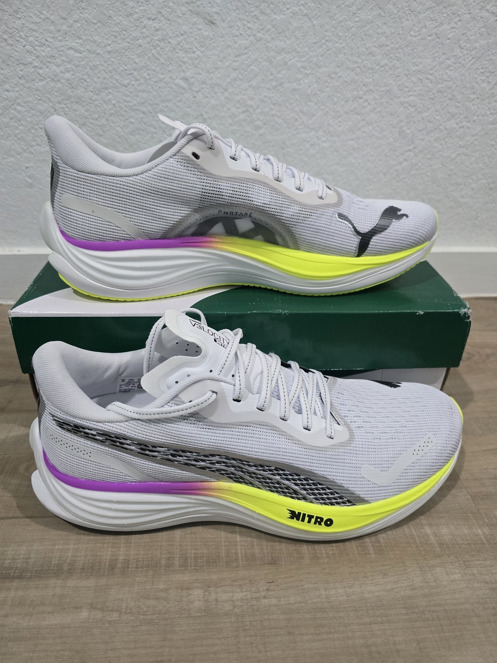 Puma MeVelocity Nitro Foam White Running Shoes with Neon Yellow & Purple Accents